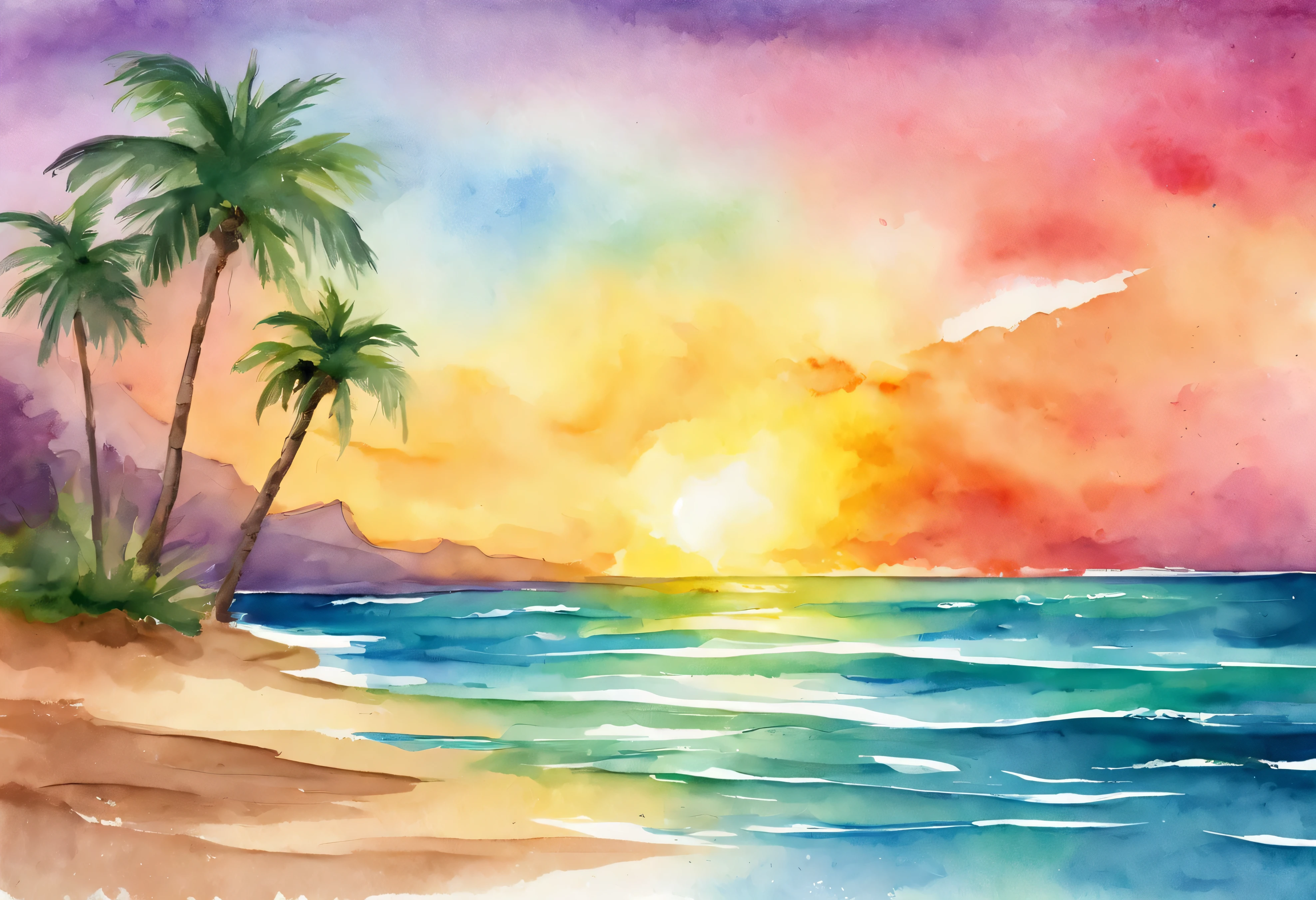 Pixar-style minimalist vector image of a beautiful island sunrise, a secluded beach with small waves crashing softly on the beach, and an open view of a calm emerald ocean, the sun breaking the horizon with rays of rainbow colors softly permeating the sky