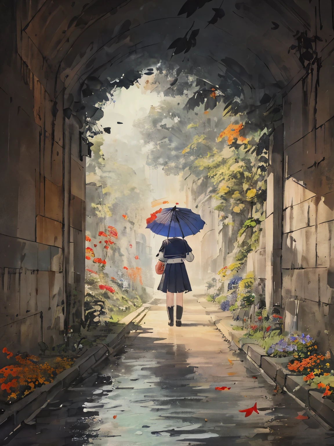 inside the concrete tunnel、Flowers are blooming、dark、Girl in a sailor suit、back view、Holding an umbrella、leaves fall