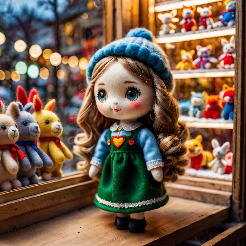 (best quality,8k,high resolution,masterpiece:1.2),Super detailed,wool felt toys,Cute wool felt doll,(Displayed behind a transparent toy store window:1.2),atmosphere, (indoor:1.2),(small toy:1.2),Variations of the same toy,warm light,selective focus,like photo,UHD,studio lighting,super fine painting,sharp focus,Physically based rendering,Extremely detailed description,major,Bright colors