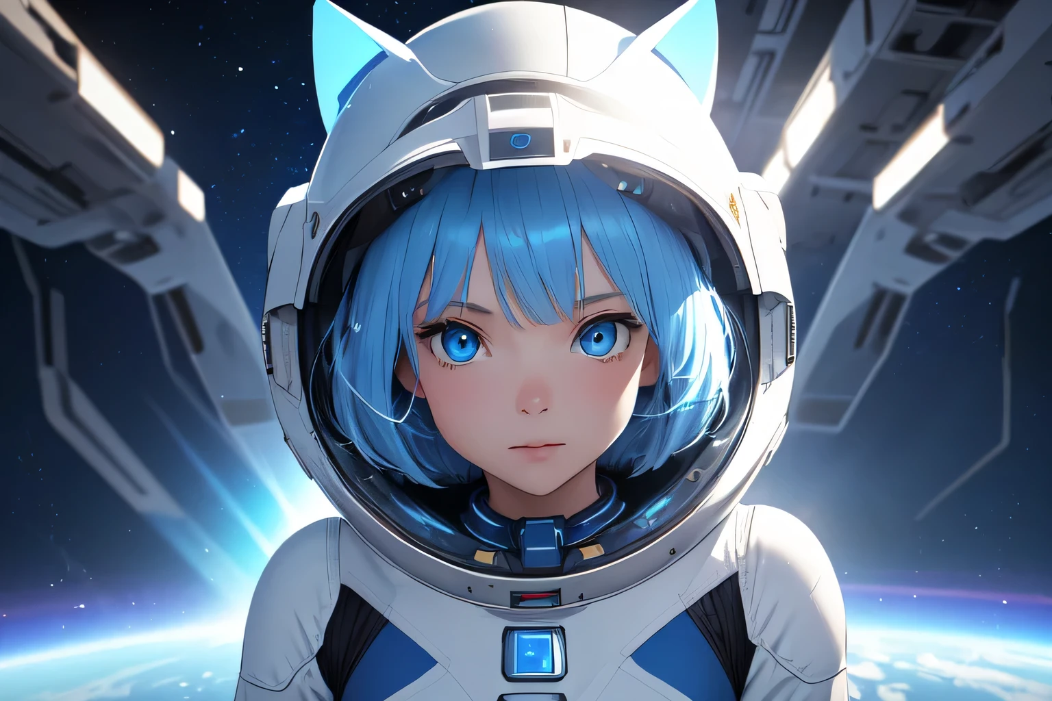 (8k, HDR, RAW photo, best quality, masterpiece:1.2, realistic lighting), Overhead view, Dynamic angle, girl on the spaceship, solo, (thin face), realistic beautiful face, very detailed face, poker face, (bob cuts hair), ((sky blue hair)), path traced hair, (sky blue cat ears), ((sky blue eyes)), beauty eyes, perfect symmetrical eyes, clear sparkling blue eyes, (flat chest), (small breast), wearing a full body spacesuit, (spacesuit helmet), (spaceship:1.3), detailed and complex busy background, surreal space, fantasy space, outer space