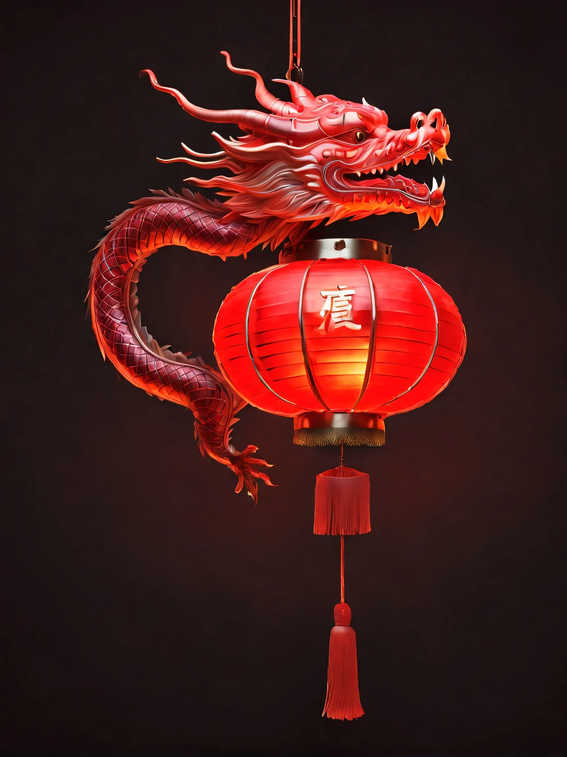 in style of Ito Shinsui，（product design），（Close-up of red lantern in the shape of Chinese dragon head），glow，background：black，3D， cutting