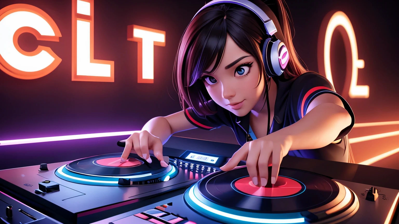 ((best quality)), (high detail), (1girl), DJ mixing vinyl records, (good vibes), LED headphones, (high energy), music festival), (Artist), music notes in the air, (action pose), vibrating beats, neon amber eyes, HDR, 4K, 3D