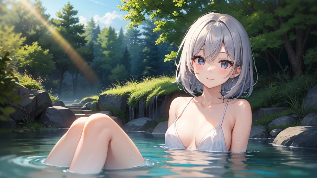 super high quality, girl, 20-year-old, とてもshort hair, long bangs between the eyes, very detailed,(masterpiece、highest quality)、alone、dark grey, silver hair, gray eyes, beautiful eyes,、short hair,blue sky , sunlight,fantasy landscape,smile、I can see your chest、、Bathe in the springs、naked