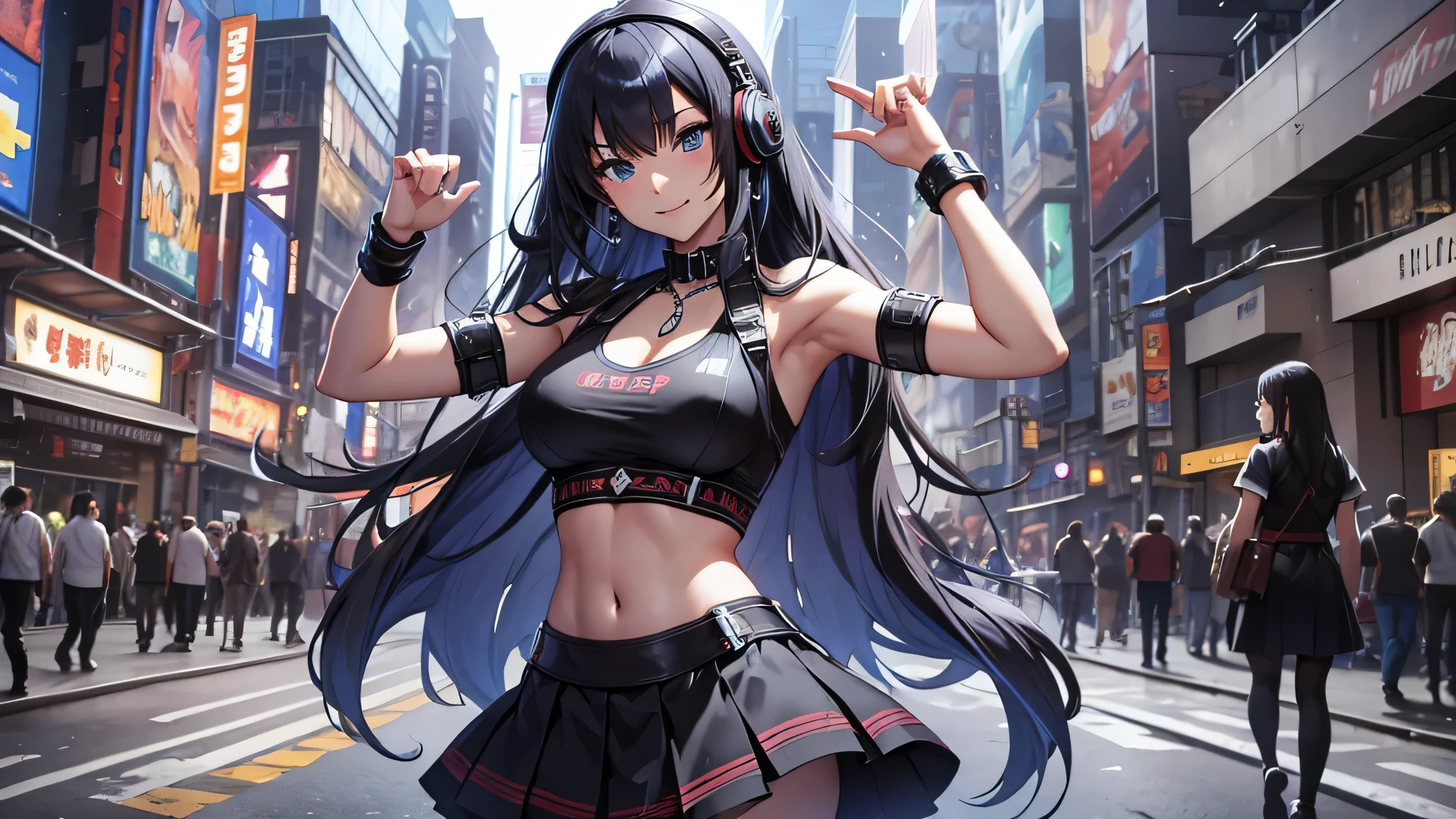 最high quality、best image quality、masterpiece、teenage girl((18-year-old、 by becoming、vest bust、medium bust,wide open breast tea、black eye, black hair、long hair、thin,highest valley、cute makeup、black short skirt、Red spats、fluttering hair、white navel tank top、chain accessories、headphones,dance motion,Fierce dance、best smile)),high quality、beautiful art、background((Live on the street、galleries、Akihabara)),pieces fly、Depth of written boundary、movie、visual art、perfect art、