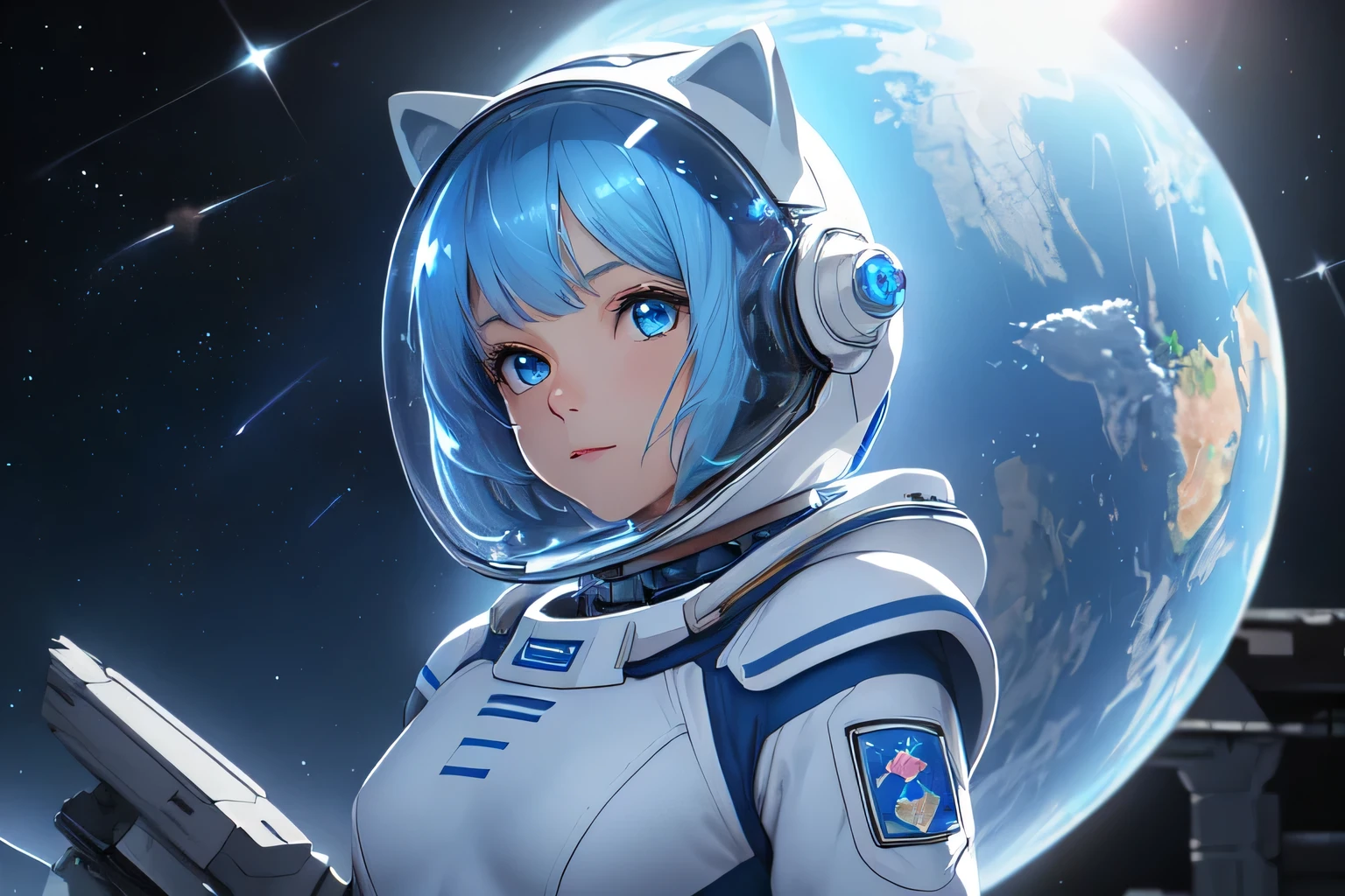 (8k, HDR, RAW photo, best quality, masterpiece:1.2, realistic lighting), Overhead view, Dynamic angle, girl on the spaceship, solo, (thin face), realistic beautiful face, very detailed face, (bob cuts hair), ((sky blue hair)), path traced hair, (sky blue cat ears), ((sky blue eyes)), beauty eyes, perfect symmetrical eyes, clear sparkling blue eyes, (flat chest), (small breast), wearing a full body spacesuit, (spacesuit helmet), (spaceship:1.3), detailed and complex busy background, surreal space, fantasy space, outer space