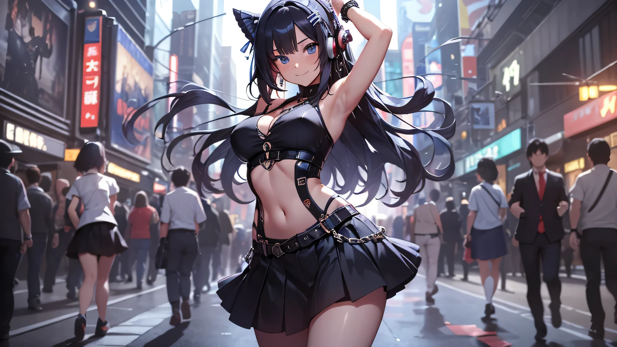 最high quality、best image quality、masterpiece、teenage girl((18-year-old、 by becoming、vest bust、medium bust,wide open breast tea、black eye, black hair、long hair、thin,highest valley、cute makeup、black short skirt、Red spats、fluttering hair、white navel tank top、chain accessories、headphones,dance motion,Fierce dance、best smile)),high quality、beautiful art、background((Live on the street、galleries、Akihabara)),pieces fly、Depth of written boundary、movie、visual art、perfect art、