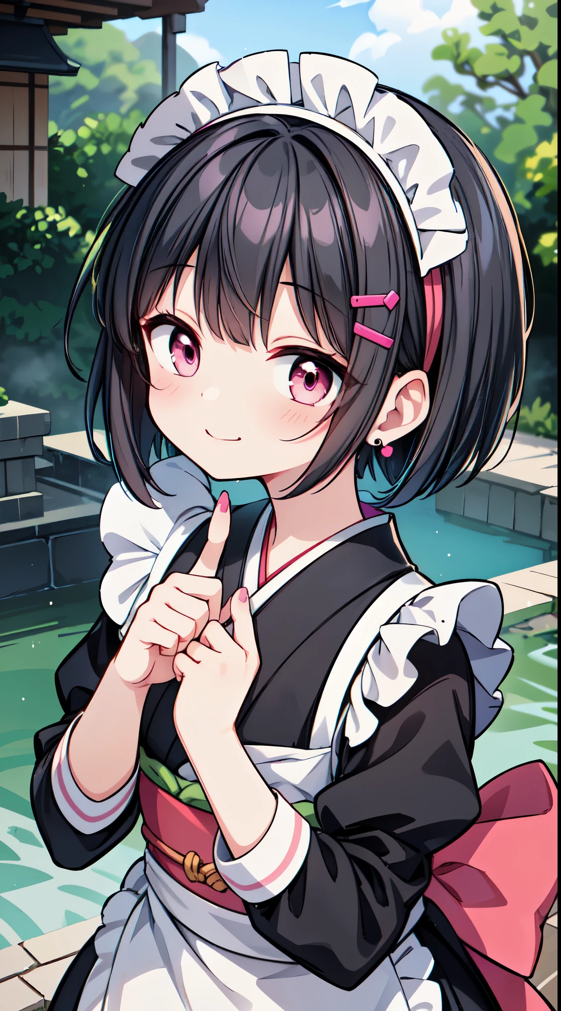 (masterpiece, top quality, best quality, official art, beautiful and aesthetic:1.2),ultra-detailed,intricate details,amazing illustration,award-winning art,atmospheric,
BREAK, 1 beautiful horny girl,alone,(cute type:1.5),(Chibi:0.8),(cute type:1.5),(change:0.5),(horny girl, cute, full of energy, change face,slightly swollen chest),(black hair, messy short bob, story me, pink eyes:1.55 ),(full of energy, goofy smile, bad face:1.2),(white bunny ears headband:1.2), break, (Japanese kimono:1.35),kimono, ultra detailed texture kimono, rainbow paint kimono, paint bulb, paint drop,(finger nails:1.2),(hair ornaments, earrings, hair ornaments),
BREAK ,
(maid costume:1.4), in waterfall basin, takigyou, little maid girl, focus upper body, closed eyes, splash of water, wet hair, wet clothes,takigyou,cover her head with water BREAK,wakame,wakame,wakame,(Cowboy Shot:1.4),
BREAK,(Blurry background:1.3),(absurderes, hight resolution, Super Detail Art),cel shading,Clear Color, Lonely optical effect, Beautiful pictures, Bright glow, mystic atmosphere,(Close-up of girl:1.1), Mystical light particle effect,manga influence, clean line drawings,