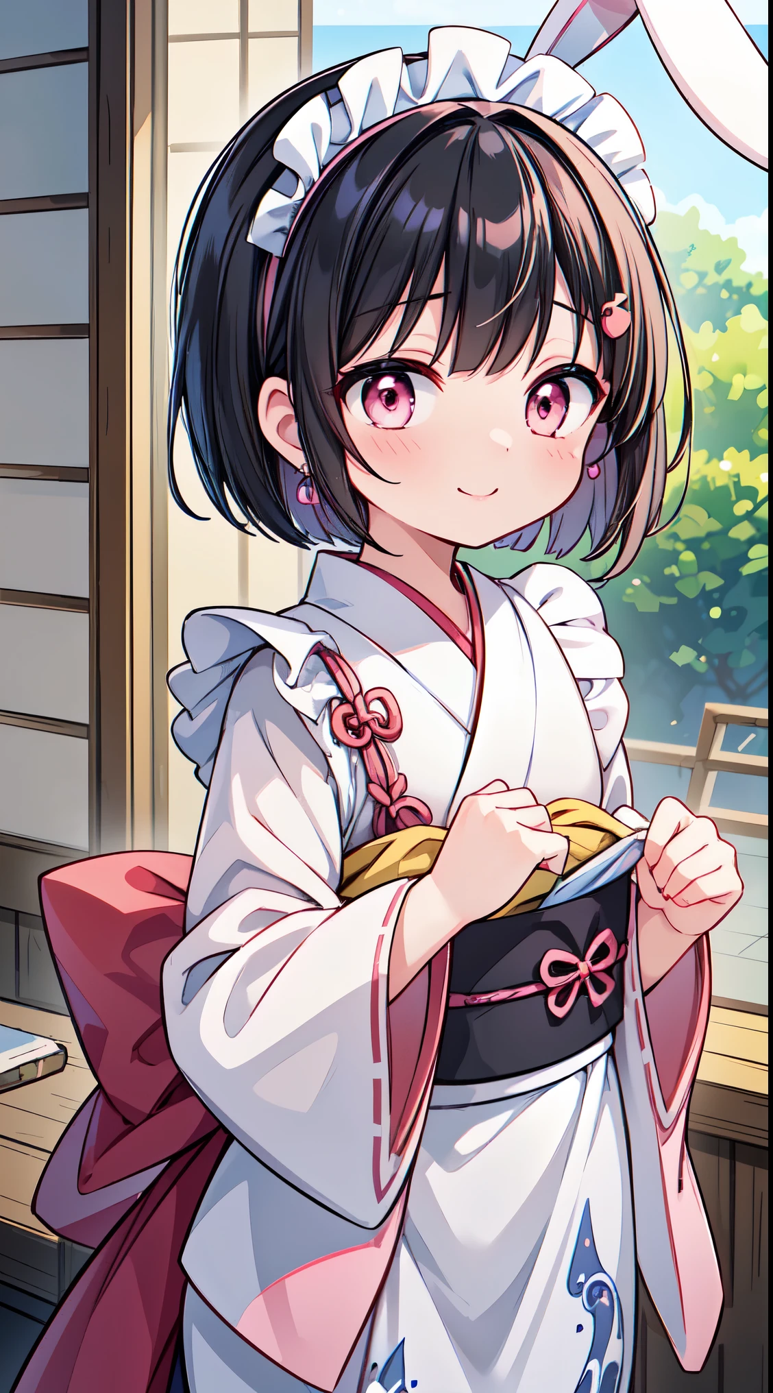 (masterpiece, top quality, best quality, official art, beautiful and aesthetic:1.2),ultra-detailed,intricate details,amazing illustration,award-winning art,atmospheric,
BREAK, 1 beautiful horny girl,alone,(cute type:1.5),(Chibi:0.8),(cute type:1.5),(change:0.5),(horny girl, cute, full of energy, change face,slightly swollen chest),(black hair, messy short bob, story me, pink eyes:1.55 ),(full of energy, goofy smile, bad face:1.2),(white bunny ears headband:1.2), break, (Japanese kimono:1.35),kimono, ultra detailed texture kimono, rainbow paint kimono, paint bulb, paint drop,(finger nails:1.2),(hair ornaments, earrings, hair ornaments),
BREAK ,
(maid costume:1.4), in waterfall basin, takigyou, little maid girl, focus upper body, closed eyes, splash of water, wet hair, wet clothes,takigyou,cover her head with water BREAK,wakame,wakame,wakame,(Cowboy Shot:1.4),
BREAK,(Blurry background:1.3),(absurderes, hight resolution, Super Detail Art),cel shading,Clear Color, Lonely optical effect, Beautiful pictures, Bright glow, mystic atmosphere,(Close-up of girl:1.1), Mystical light particle effect,manga influence, clean line drawings,
