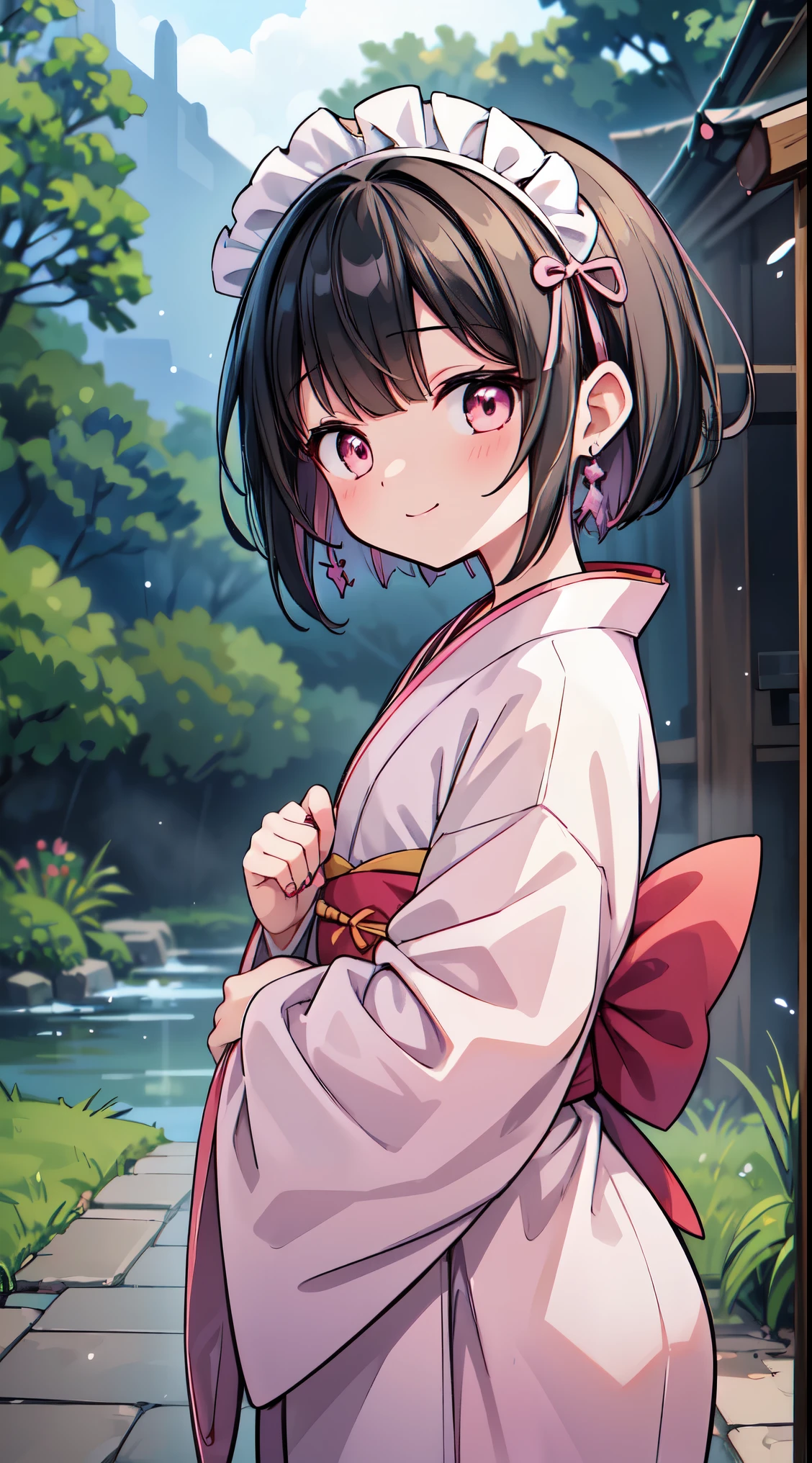 (masterpiece, top quality, best quality, official art, beautiful and aesthetic:1.2),ultra-detailed,intricate details,amazing illustration,award-winning art,atmospheric,
BREAK, 1 beautiful horny girl,alone,(cute type:1.5),(Chibi:0.8),(cute type:1.5),(change:0.5),(horny girl, cute, full of energy, change face,slightly swollen chest),(black hair, messy short bob, story me, pink eyes:1.55 ),(full of energy, goofy smile, bad face:1.2),(white bunny ears headband:1.2), break, (Japanese kimono:1.35),kimono, ultra detailed texture kimono, rainbow paint kimono, paint bulb, paint drop,(finger nails:1.2),(hair ornaments, earrings, hair ornaments),
BREAK ,
(maid costume:1.4), in waterfall basin, takigyou, little maid girl, focus upper body, closed eyes, splash of water, wet hair, wet clothes,takigyou,cover her head with water BREAK,wakame,wakame,wakame,(Cowboy Shot:1.4),
BREAK,(Blurry background:1.3),(absurderes, hight resolution, Super Detail Art),cel shading,Clear Color, Lonely optical effect, Beautiful pictures, Bright glow, mystic atmosphere,(Close-up of girl:1.1), Mystical light particle effect,manga influence, clean line drawings,