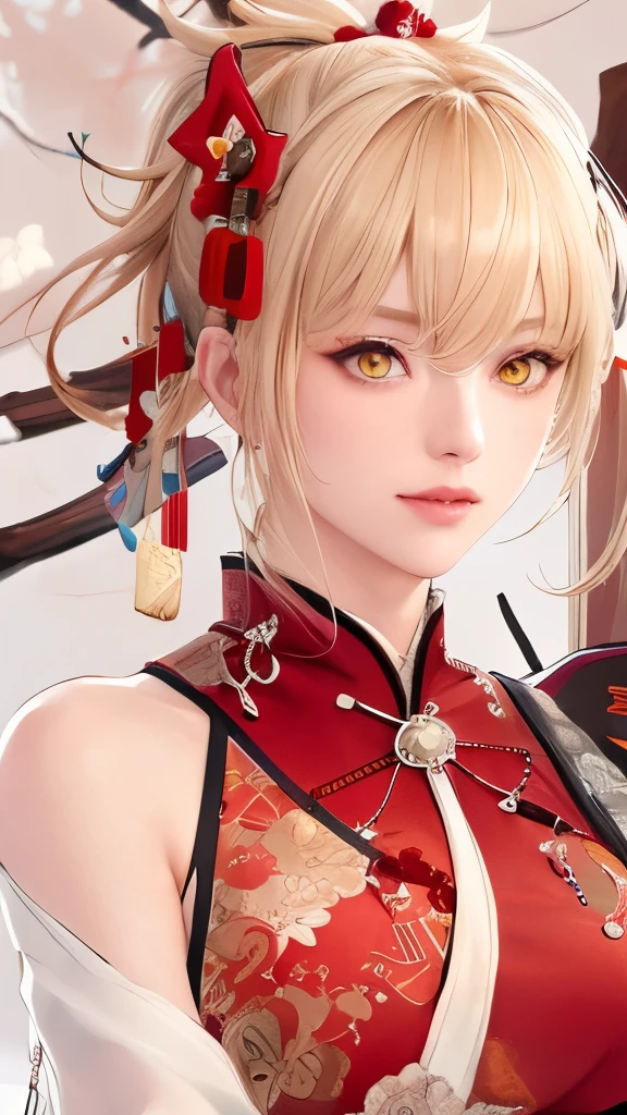 （（（blonde hair, bangs, hair ornament, ponytail, yellow eyes, orange eyes,  hair between eyes,（（（HANFU,WINTER HANFU， (Winter hanfu:1.2), (red cloak:1.2),  ））），（（（wide hips））），S-shaped body:1.7））），((masterpiece)),high resolution, ((Best quality at best))，masterpiece，quality，Best quality，（（（ Exquisite facial features，looking at the audience,There  light in the eyes，smilingly，confidence ））），（（（Light and shadow interlace，huge）））