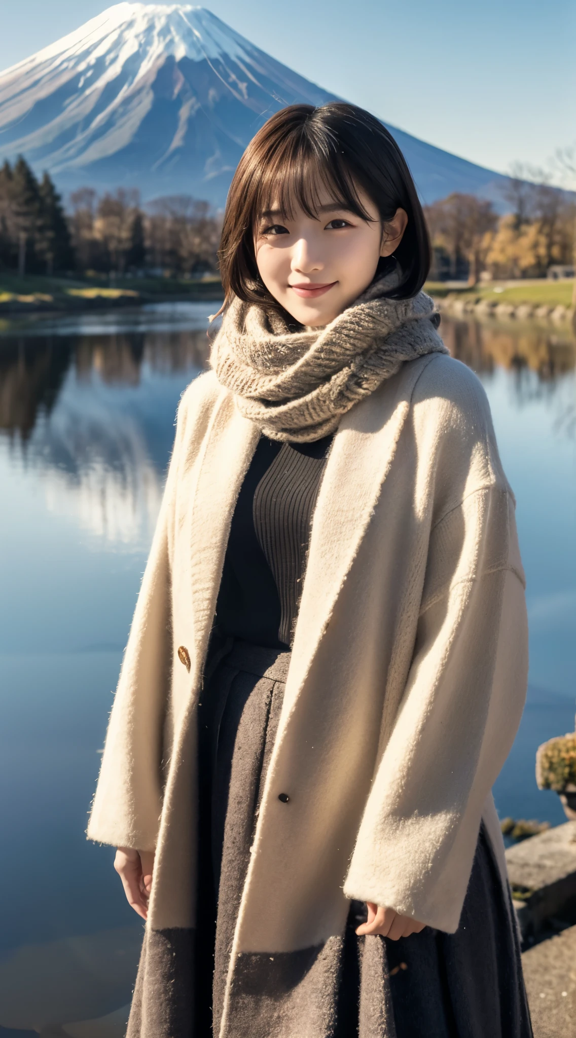 (highest quality,masterpiece:1.3,ultra high resolution),(Super detailed,caustics,8K),(photorealistic:1.4,RAW shooting),(Mt. Fuji reflected upside down on the lake surface),sun,strong backlight,Lens flare,24-years-old,cute,Japanese,black short hair,best smile,big boobs,wrap a muffler around your neck,down coat,knit inner,long skirt,bust up shot,Natural light