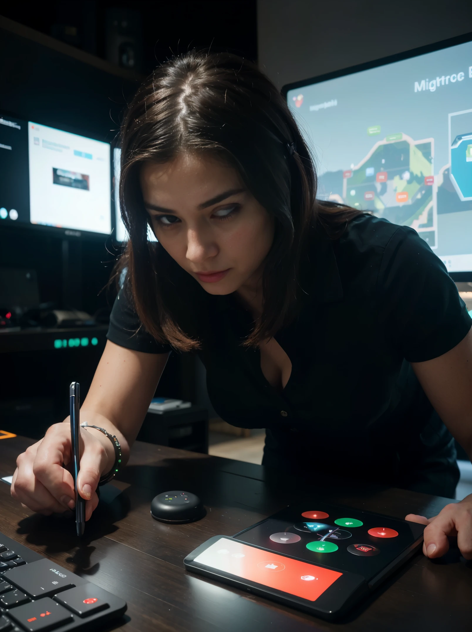 A Creative Gaming controller with pomegranate elements, (best quality, 4k, 8k, highres, masterpiece:1.2), ultra-detailed, (realistic, photorealistic, photo-realistic:1.37), HDR, UHD, studio lighting, extreme detail description, professional, sharp focus, physically-based rendering, vibrant colors, bokeh, mixed-media, futuristic, dynamic, metallic feel, glossy finish, translucent buttons, sleek design, ergonomic grip, multifunctional, wireless connectivity, customizable interface, integrated touchpad, responsive buttons, intuitive controls, immersive gaming experience.