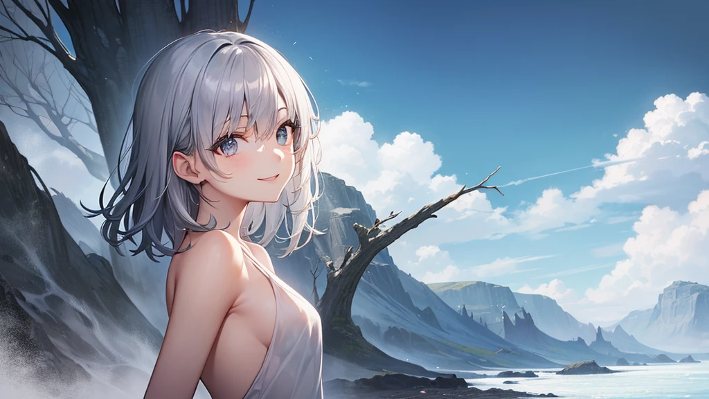 super high quality, girl, 20-year-old, とてもshort hair, long bangs between the eyes, very detailed,(masterpiece、highest quality)、alone、dark grey, silver hair, gray eyes, beautiful eyes,、short hair,blue sky , sunlight,fantasy landscape,smile、naked