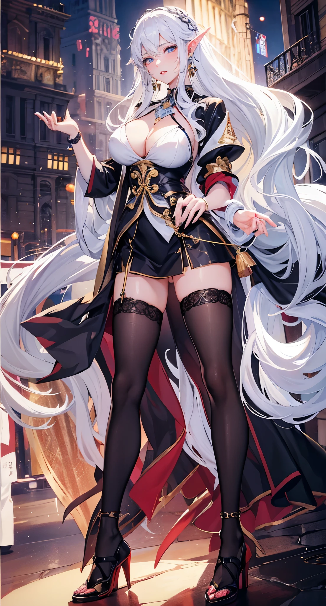 (white hair ),白色long hair,close up,dream world,Elf mature, 银白色long hair,long hair,tear nevus,earrings,(lipstick,earrings),necklace,a pair of bracelets,Black strappy hip skirt,humanoid, paris bar background, her skin  white, fair complexion,blue eyes,白色long hair, Two long black stocking legs,High heel,black legs,,tattoo