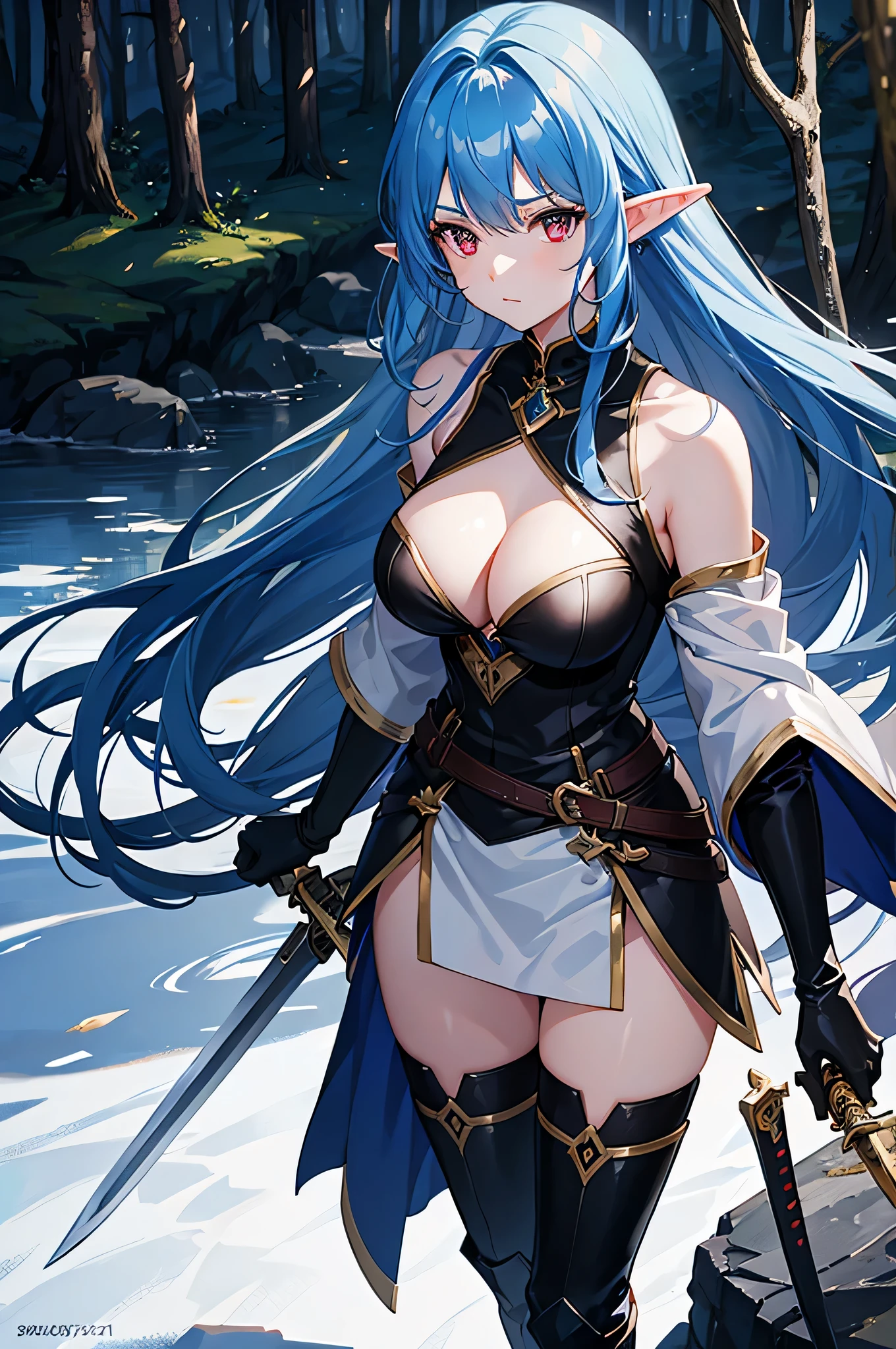 4K,High resolution,one woman,blue hair,long hair,red eyes,goblin,big breasts,swordsman,black knight dress,black long gloves,black boots,Japanese sword,in the forest