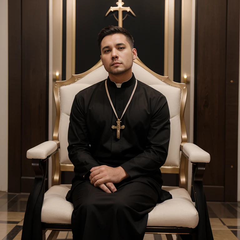 Male priest in a black long dress sits on chair