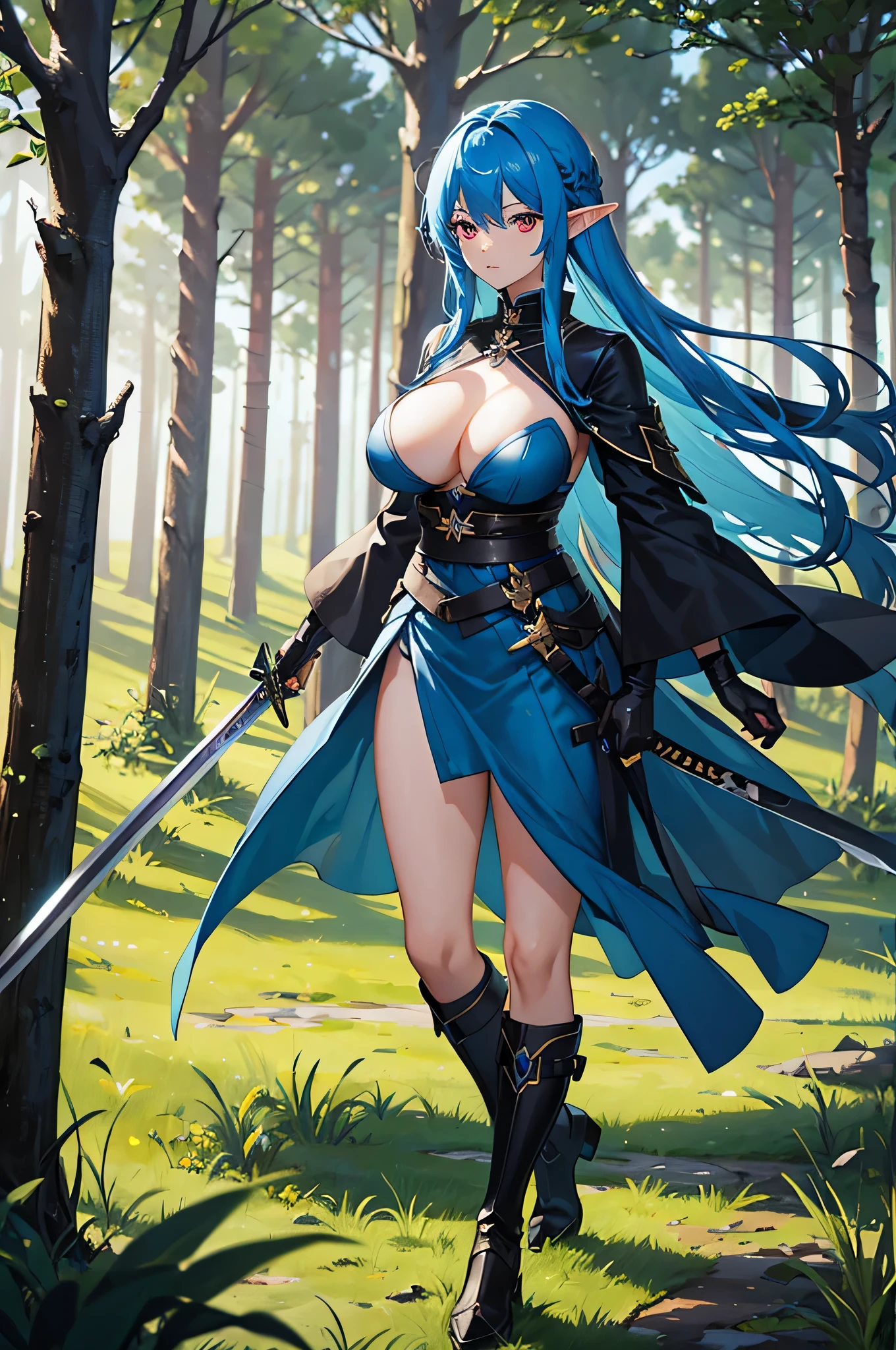 4K,High resolution,one woman,bright blue hair,long hair,red eyes,goblin,big breasts,swordsman,black knight dress,black gloves,black boots,Japanese sword,in the forest