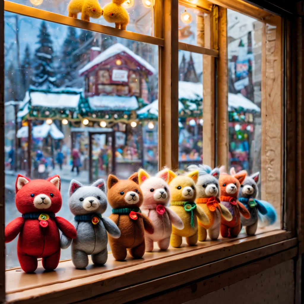 (best quality,8k,high resolution,masterpiece:1.2),Super detailed,wool felt toys,Cute wool felt doll,(Displayed behind a transparent toy store window:1.2),atmosphere, (indoor:1.2),(small toy:1.2),Variations of the same toy,Warm light ultra-detailed painting, Extremely detailed description,major,Bright colors