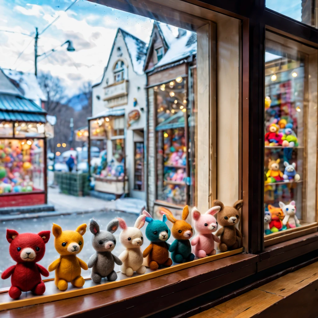 (best quality,8k,high resolution,masterpiece:1.2),Super detailed,wool felt toys,Cute wool felt doll,(Displayed behind a transparent toy store window:1.2),atmosphere, (indoor:1.2),(small toy:1.2),Variations of the same toy,Warm light ultra-detailed painting, Extremely detailed description,major,Bright colors