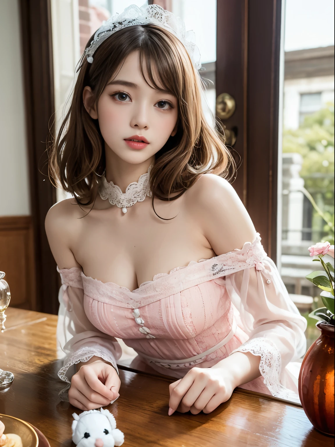 8k,Photorealistic, intricate details, perfect facial details, Canon photography lens, sheer gauze fabric, soft tactile texture, ta aesthetic, intricately detailing the face, body, outfit, and background scene,A young girl with innocent doe eyes, rosy cheeks, glossy pink lips, flowing wavy [pink:blonde:0.5] hair adorned with lace headdress,Wearing an off-shoulder lace trimmed pastel dress accentuating her slender neck and bare shoulders,Frilly collar and sleeves, ribbon sash tied in a bow,Holding a vintage stuffed bunny toy,Posing cutely in a pink princess bedroom, surrounded by plush animals and flower cushions. Double French doors open to a balcony overlooking a floral garden, Stuffed animal tea party setup on a round table. Raytracing lighting enhances details and lifelike textures, Depth of field cinematic atmosphere,Vibrant color palette of dreamy pinks, purples and blues, Overall conveying a whimsical fantasy ambience and intricate dollhouse aesthetics. 8k resolution, trending on Artstation