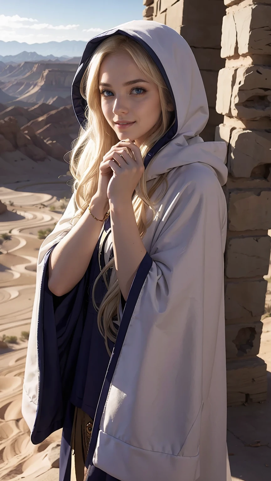 22 year old white female、hair color is blonde、blue eyes、long hair、The ends of the hair are wavy、hair is set、accessories on wrist、wears a cloak that covers the entire body、wearing a hood、wearing a muffler、covering the mouth with a muffler、Inside a ruin lined with columns in the desert、smile