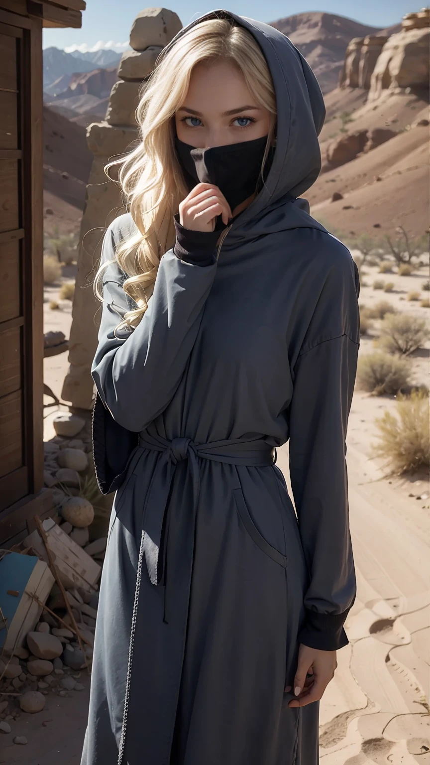 22 year old white female、hair color is blonde、blue eyes、long hair、The ends of the hair are wavy、hair is set、accessories on wrist、wears a cloak that covers the entire body、wearing a hood、wearing a muffler、covering the mouth with a muffler、Inside a ruin lined with columns in the desert、smile