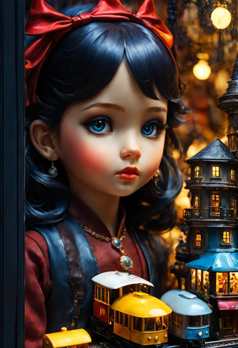 Closeup of an enchanting window display of a toy shop filled with the wonderful magical miniature fantasy world of toys, trains and dolls, midnight shiny glowing moist, deep eyes, delicate scales, magical aura, illustration, perfect shapes and textures, fine details, nose, artistic shaded lighting by giuseppe dangelico pino, artgerm, michael garmash, rob rey, oil painting, wlop, 16k matte painting, a masterpiece, oil gouache melting, acrylic, high contrast, colorful polychromatic, ultra detailed, ultra quality, CGSociety