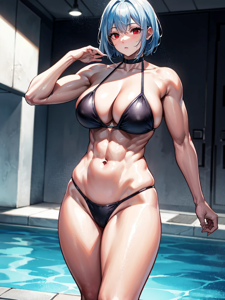 (((masterpiece、Highest image quality、highest quality、highly detailed unity 8kwallpaper)))、((Illustration of one girl))、(((beautiful girl)))、((light blue hair、short hair、red eyes))、(((tall、stocky build, thickset physique, muscular legs, broad shoulders, solid chest、Armpit)))、swimsuit、Poolside