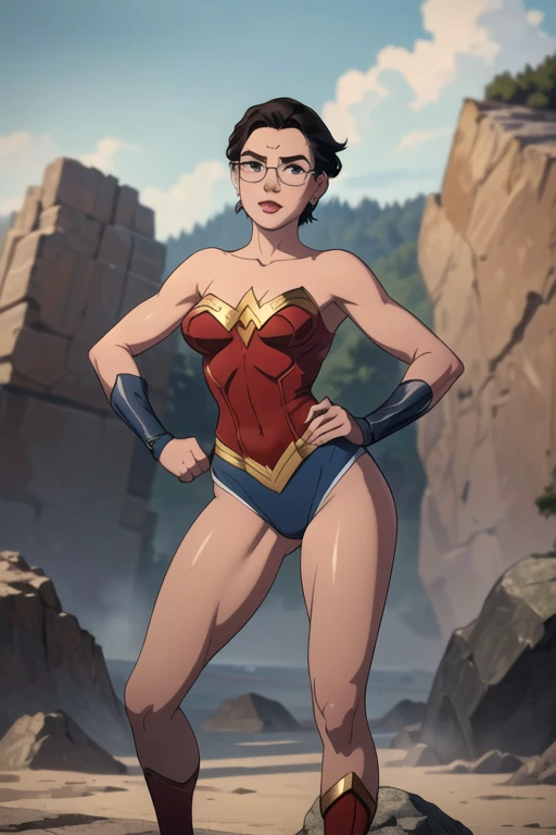 (((RAW, Best quality, high resolution:1.3, Masterpiece: 1.5))), Beautiful glasses malay woman as wonderwoman, Masterpiece, Perfect slim body, Beautiful big eyes, Soft smile, Short pixie cut hair style, Wearing wonderwoman costume. Strong pose, nobody can defeat him. Charging, rampage. Dust and rock shatter around.