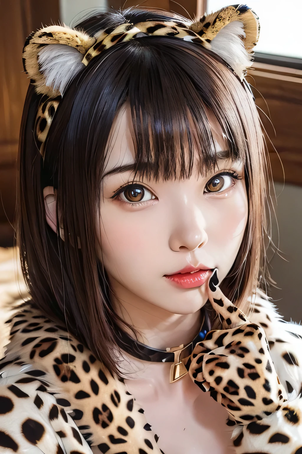 8K、((wear a leopard print fur coat))、leopard print headband、leopard print choker、leopard print gloves、Leopard print swimsuit、1 girl、flat body、slim、cute、primary school student'face、head shot、bright red lips、cat's eyes、mouth with fangs