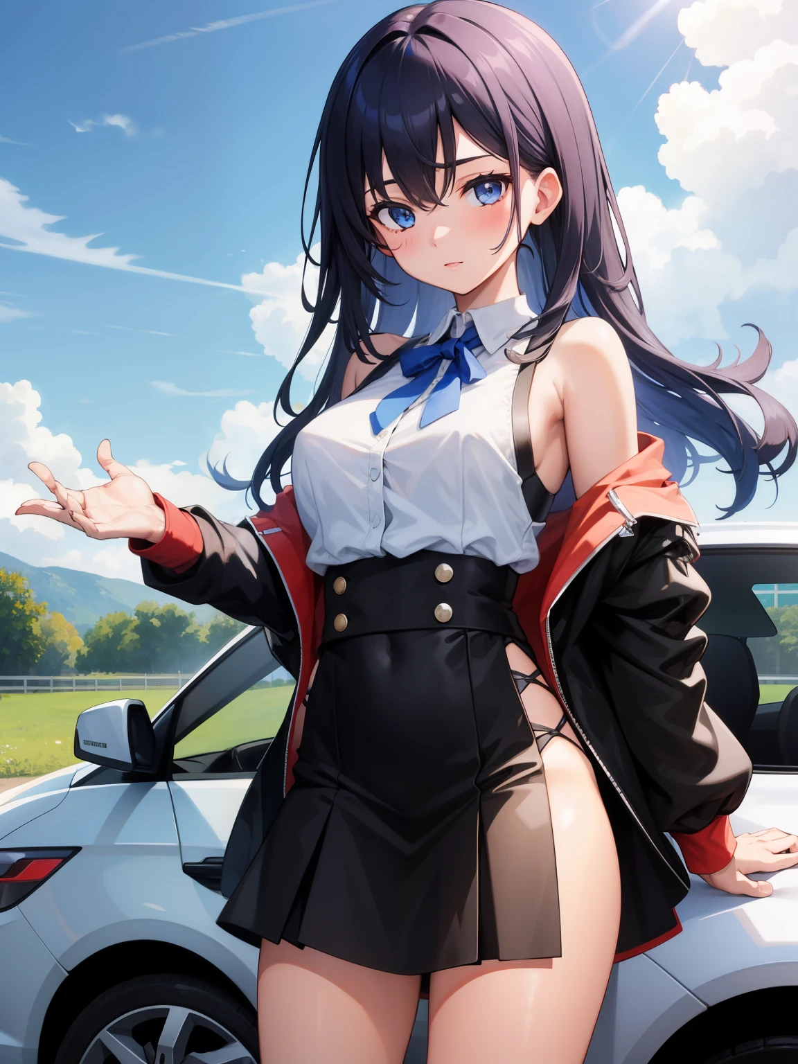 1girl, hebt mit einer hand ein auto hoch