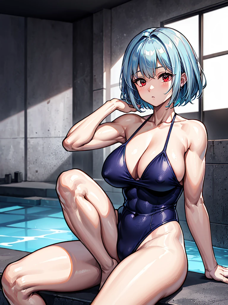 (((masterpiece、Highest image quality、highest quality、highly detailed unity 8kwallpaper)))、((Illustration of one girl))、(((beautiful girl)))、((light blue hair、short hair、red eyes))、(((tall、stocky build, thickset physique, muscular legs, broad shoulders, solid chest、Armpit)))、swimsuit、Poolside