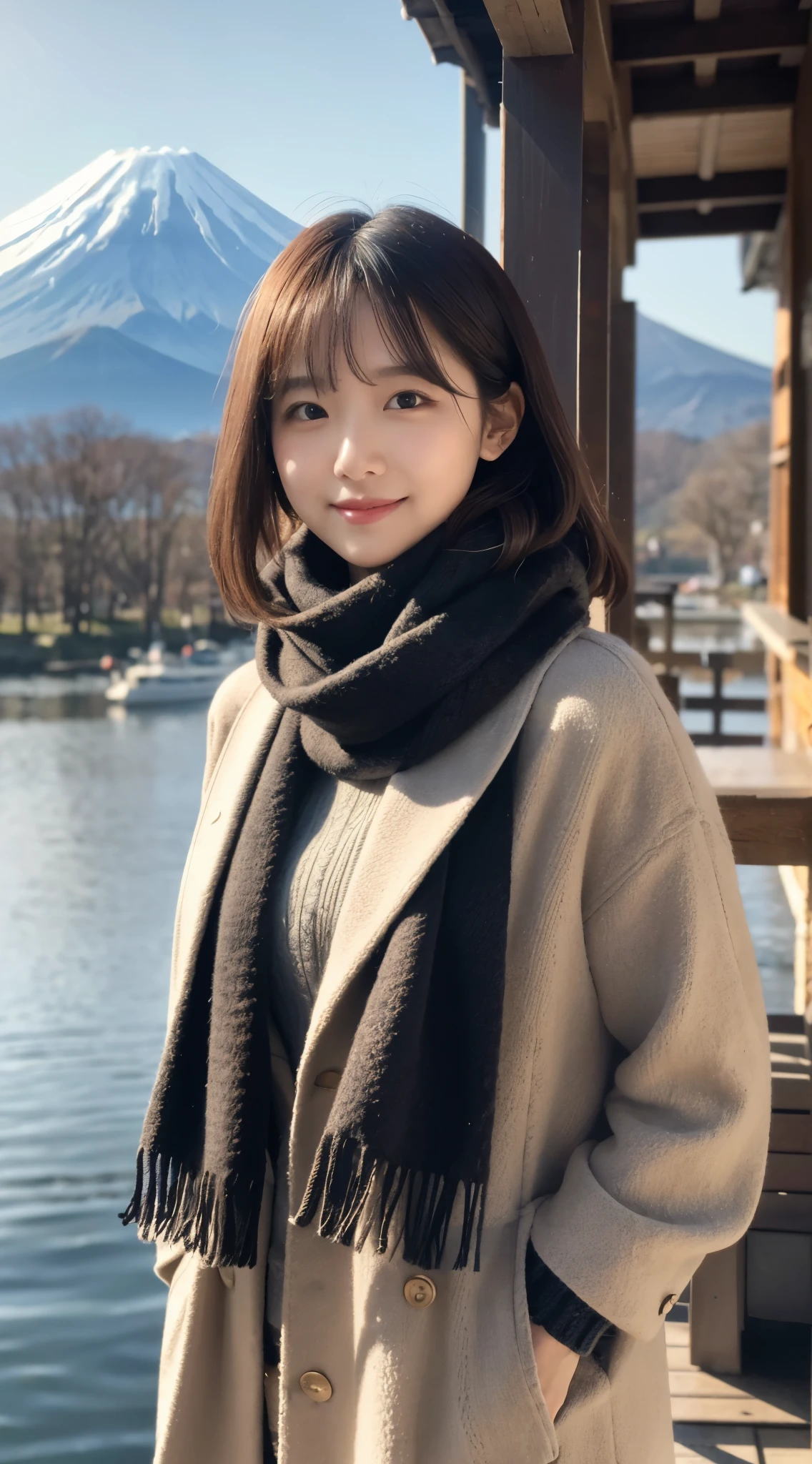 (highest quality,masterpiece:1.3,ultra high resolution),(Super detailed,caustics,8K),(photorealistic:1.4,RAW shooting),(Mt. Fuji reflected upside down on the lake surface),sun,Lens flare,24-years-old,cute,Japanese,black short hair,best smile,big boobs,wrap a muffler around your neck,down coat,knit inner,long skirt,bust up shot,Natural light