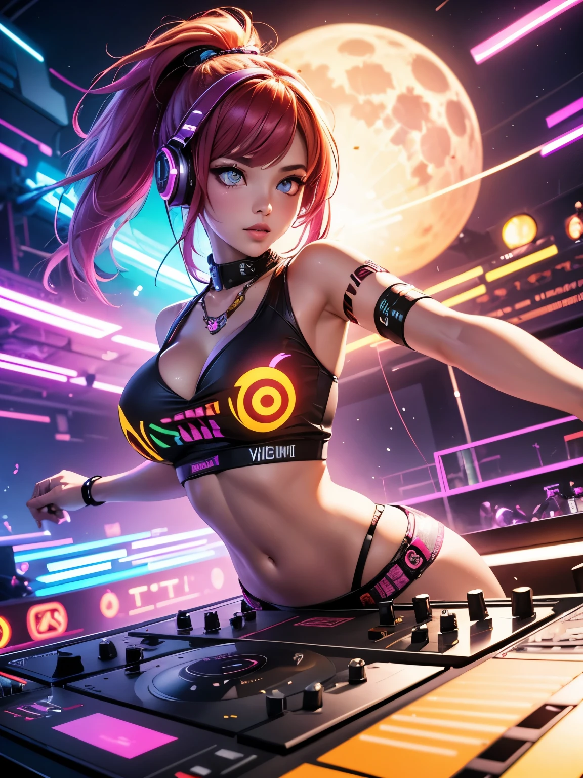 ((best quality)), (high detail), (official art), (1girl), DJ mixing vinyl records, (good vibes), LED headphones, (high energy), music festival), (Artist), music notes in the air, (action pose), vibrating beats, neon amber eyes, full moon dance party, HDR, 4K, 3D