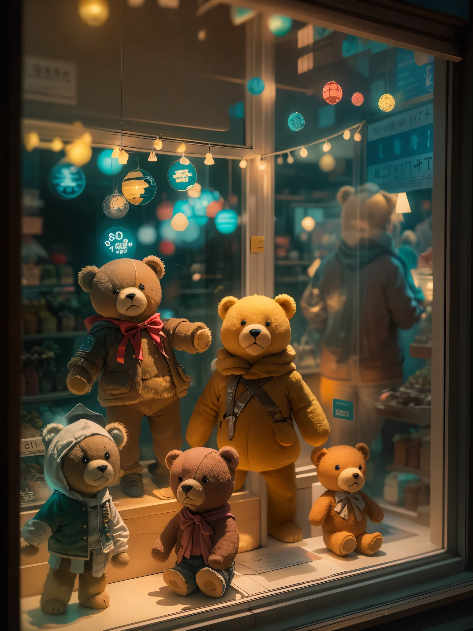 Interesting window display，Creative window display，Display of several exquisite teddy bear dolls。global illumination。particle tracking。neon lights，Colorful。8k ultra high definition 。（outside the window。 in tattered clothes。）