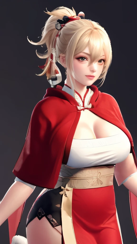 （（（blonde hair, bangs, hair ornament, ponytail, yellow eyes, orange eyes,  hair between eyes,（（（HANFU,WINTER HANFU， (Winter hanfu:1.2), (red cloak:1.2),  ））），（（（wide hips））），S-shaped body:1.7））），((masterpiece)),high resolution, ((Best quality at best))，masterpiece，quality，Best quality，（（（ Exquisite facial features，looking at the audience,There  light in the eyes，smilingly，confidence ））），（（（Light and shadow interlace，huge）））