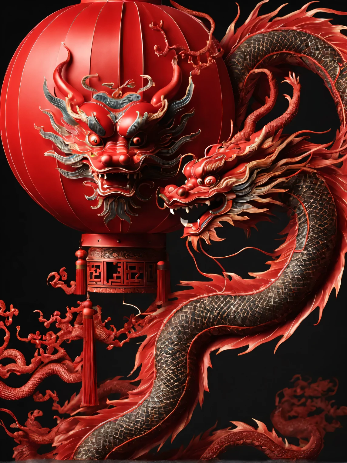 (Product design), (a close-up of a red lantern in the shape of a  Chinese dragon), background: black, 3D,  Cuttings,