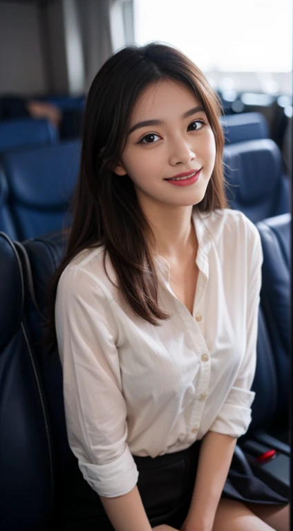10, Masterpiece, RAW image, best quality, photorealistic, Very detailed CG Unity 8K wallpaper, depth of field, movie theater light, lens flare, Ray tracing, (very beautiful face..... , beautiful lips, beautiful eyes), complex facial details, ((ultra-detailed skin)) 1 girl, in the dark, deep shadow, beautiful girl, (The body is very slender. :1.3), ((looking at the audience)),(Big smile:1.3), Clear eyes, front shot, (pale skin), (Look very far ahead. , (upper body shot), (Brown cooked for the audience.......:1.3), Very thin, Medium bust, thick thighs, Drawstring stockings, city scenery,(Random clothes: Airline receptionist uniform), (Random environmentสนามบิน,), (environment,airplane)