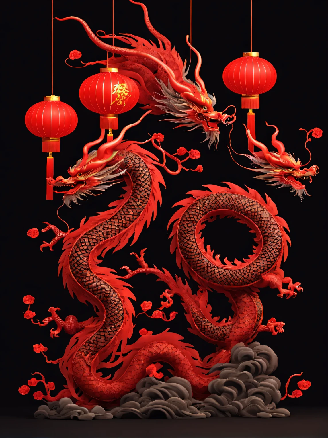 (Product design), ( Chinese dragon red lanterns are perfectly integrated), background: black, 3D,  Cuttings,