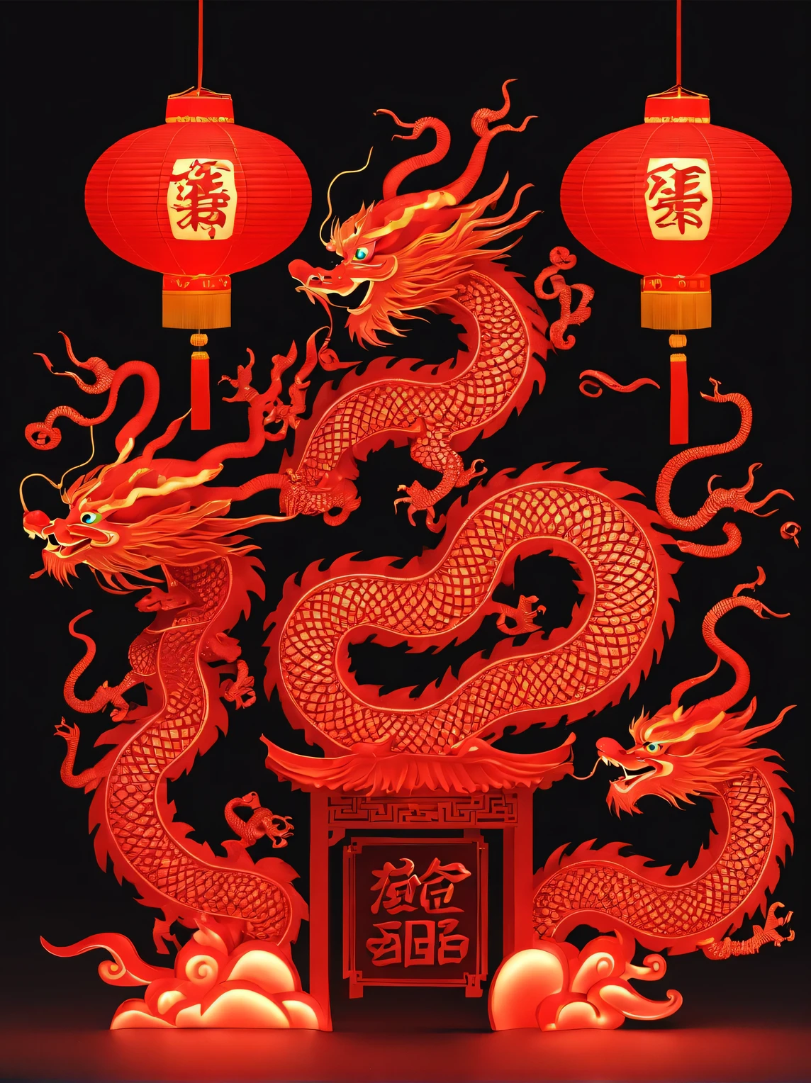 (Product design), ( Chinese dragon red lanterns are perfectly integrated), background: black, 3D,  Cuttings,