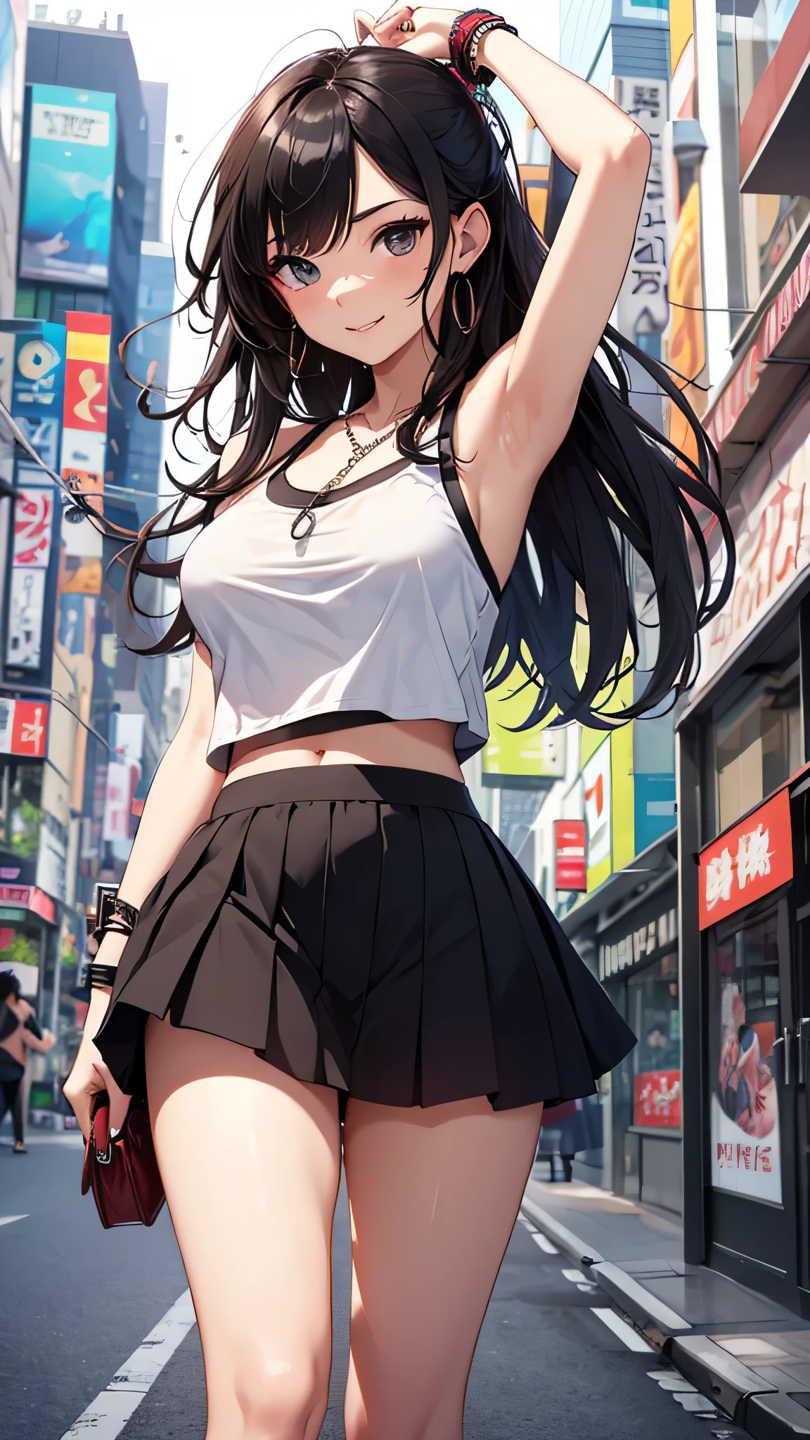 最high quality、best image quality、masterpiece、teenage girl((18-year-old、 by becoming、vest bust、medium bust,wide open breast tea、black eye, black hair、long hair、thin,highest valley、cute makeup、black short skirt、Red spats、fluttering hair、white navel tank top、chain accessories、headphones,dance motion,Fierce dance、best smile)),high quality、beautiful art、background((Live on the street、galleries、Akihabara)),pieces fly、Depth of written boundary、movie、visual art、perfect art、