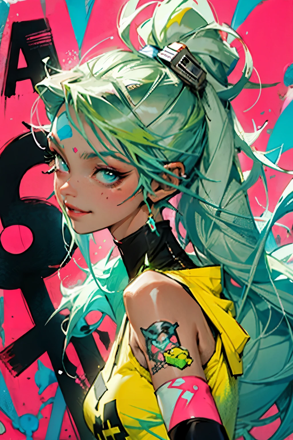 anime slim girl with a cap and a mask, thin face, holding a spray can, green messy hair, street background in neon pink and blue colors, stickers, smirk face, harley vibe, bad girl, very clear smooth face cheeks