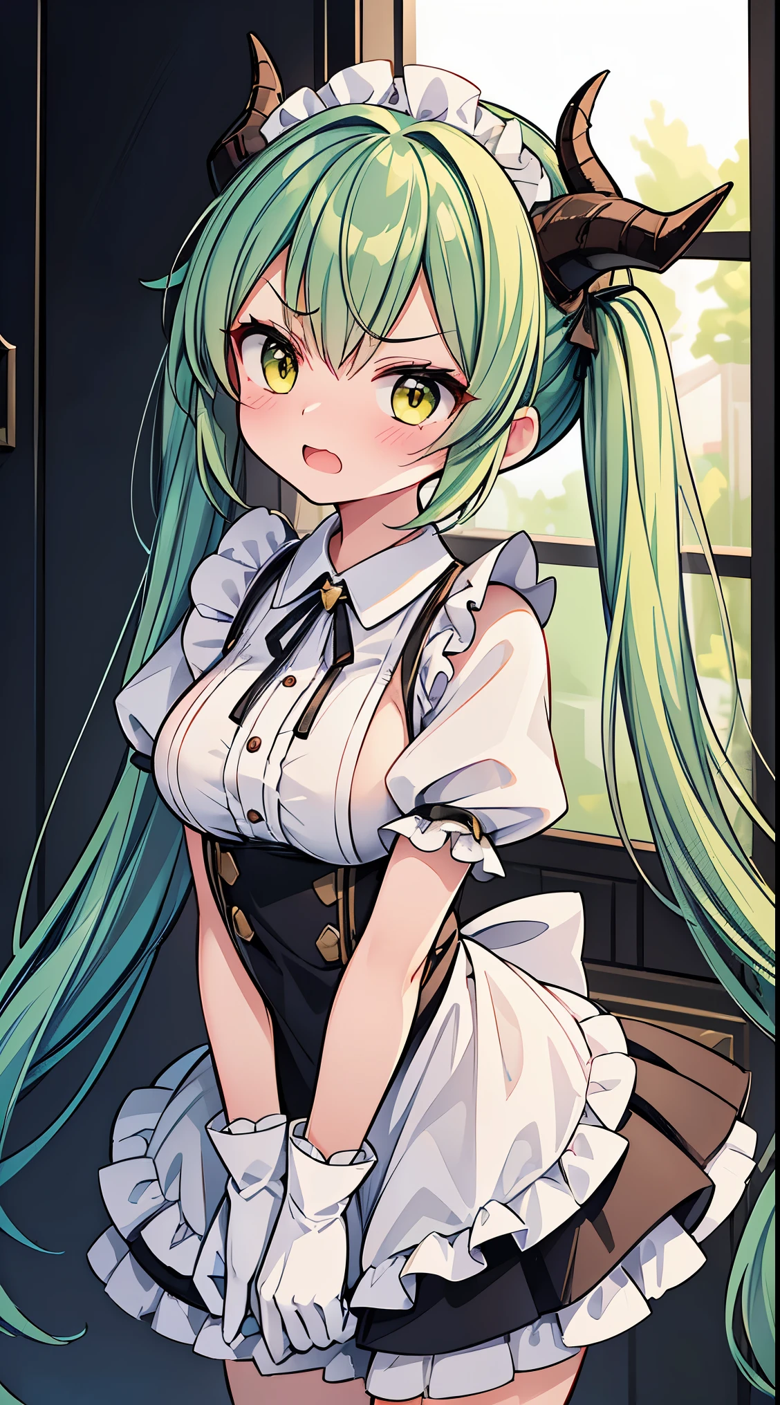 (masterpiece, top quality, best quality, official art, beautiful and aesthetic:1.2),ultra-detailed,intricate details,amazing illustration,award-winning art,atmospheric,
BREAK, 1 beautiful girl,(17 yrs old girl),Solo,(cute:1.5),(chibi:0.6),(kawaii:1.5),(:0.5), BREAK,:d,(twintail, green hair, horns, long hair:1.35),(yellow eyes, double, slanted eyes slanted eyes:1.25),blush,double teeth,((D cup breasts))),heart,gaze,maid,/maid dragon/,dragon tail,(long eyelashes, double eyelids, fine eyebrows:1.2),solo,glowing skin,clear skin,beautiful skin,(top quality face),(top quality slanted eyes),maid outfit,gloves,open mouth,short sleeves,smile,white gloves,
BREAK , (((girl,embarrassed, panicking,angry,pleasant sensation))), angry, confused,hands up,clothes, ((large chest)), ((standing, leaning forward )), pov face, from above,looking at viewer up, (best quality: 1.2), (solo: 1.3), (1 girl,: 1.3), panic, maid clothes, luxurious palace, chandelier,BREAK,wakame,wakame,wakame,(Cowboy Shot:1.4),
BREAK,(Blurry background:1.3),(absurderes, hight resolution, Super Detail Art),cel shading,Clear Color, Lonely optical effect, Beautiful pictures, Bright glow, mystic atmosphere,(Close-up of girl:1.1), Mystical light particle effect,manga influence, clean line drawings,