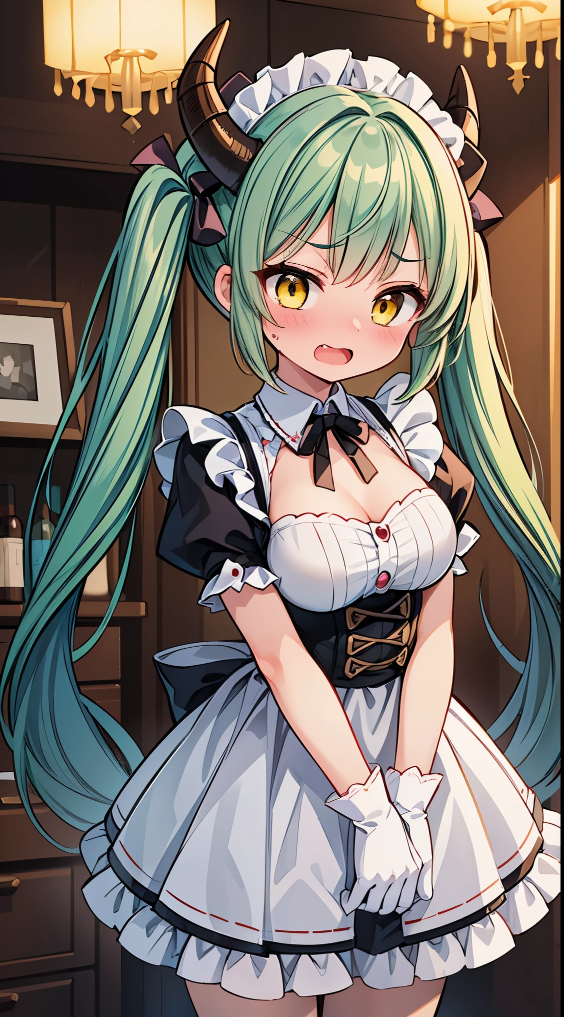 ultra-detailed, high resolution,(incredibly absurdness) ,extremely detailed CG unity 8k wallpaper, ((masterpiece)), ((top-quality)),
BREAK, 1 beautiful girl, (17 year old girl),alone,(cute:1.5),(Little:0.6),(cute:1.5),(change:0.5),break, :d, (twin tails, green hair, horn, long hair:1.35), (yellow eyes, double, slanted eyes:1.45), blush, double teeth, ((D cup breasts))), heart, sight, maid, /maid dragon/, dragon tail, (long eyelashes, double eyelids, thin eyebrows:1.2), alone, glowing skin, beautiful skin, beautiful skin, (highest quality face), (highest quality slanted eyes), maid outfit, gloves, open your mouth, short sleeve, smile, white gloves,(The best smile,smug face:1.45),
BREAK,
short sleeves, apron, knee socks, lace, standing, (((holding a big pancake with butter), background dining))),
BREAK,wakame,wakame,wakame,(Cowboy Shot:1.4),
BREAK,(Blurry background:1.3),(absurderes, hight resolution, Super Detail Art),cel shading,Clear Color, Lonely optical effect, Beautiful pictures, Bright glow, mystic atmosphere,(Close-up of girl:1.1), Mystical light particle effect,manga influence, clean line drawings,