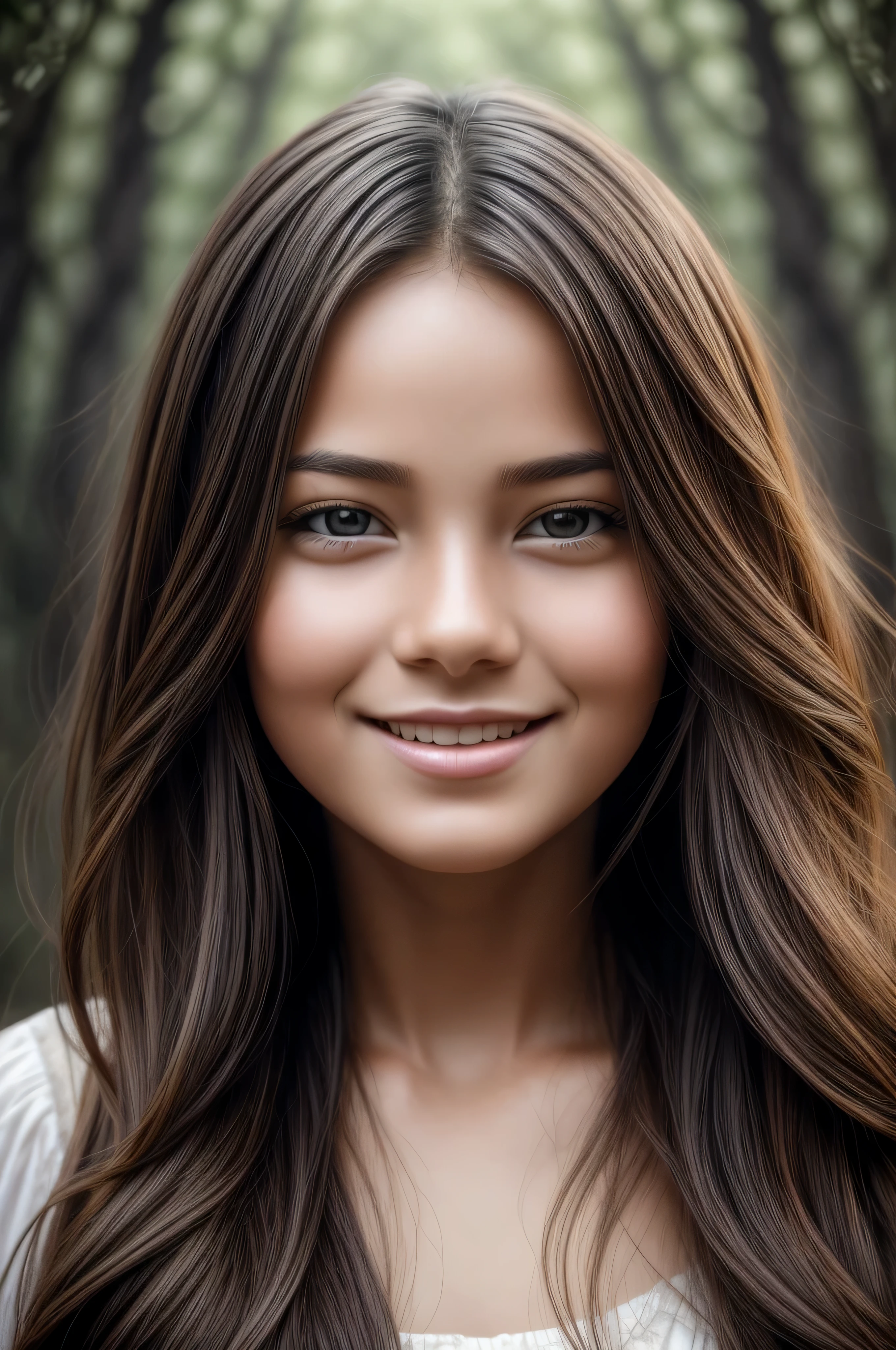 Beautiful portrait of a girl, curled flowing hair, her face is thoughtful and smiley, looks into the camera, photography, symmetrical face, symmetrical eyes, soft focus, highly detailed, natural lighting, path tracing, specular lighting, path traced hair, shadow mapping, glossiness map, in the style of Leah robinson