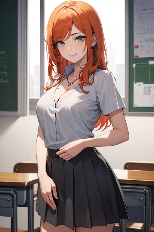 Gray plains mourn,HaibaraAi, long hair, (gray eyes:1.5), orange hair, mole, mole under mouth, parted bangs, smile,
break skirt, shirt, cleavage, jewelry, school uniform, pleated skirt, necklace, Lock, collar, short sleeve, gray skirt, white shirt,
break indoors, classroom,
break looking at viewer, (cowboy shot:1.5),
break (masterpiece:1.2), highest quality, High resolution, unity 8k wallpaper, (figure:0.8), (beautiful and fine eyes:1.6), highly detailed face, perfect lighting, Very detailed CG, (perfect hands, perfect anatomy),