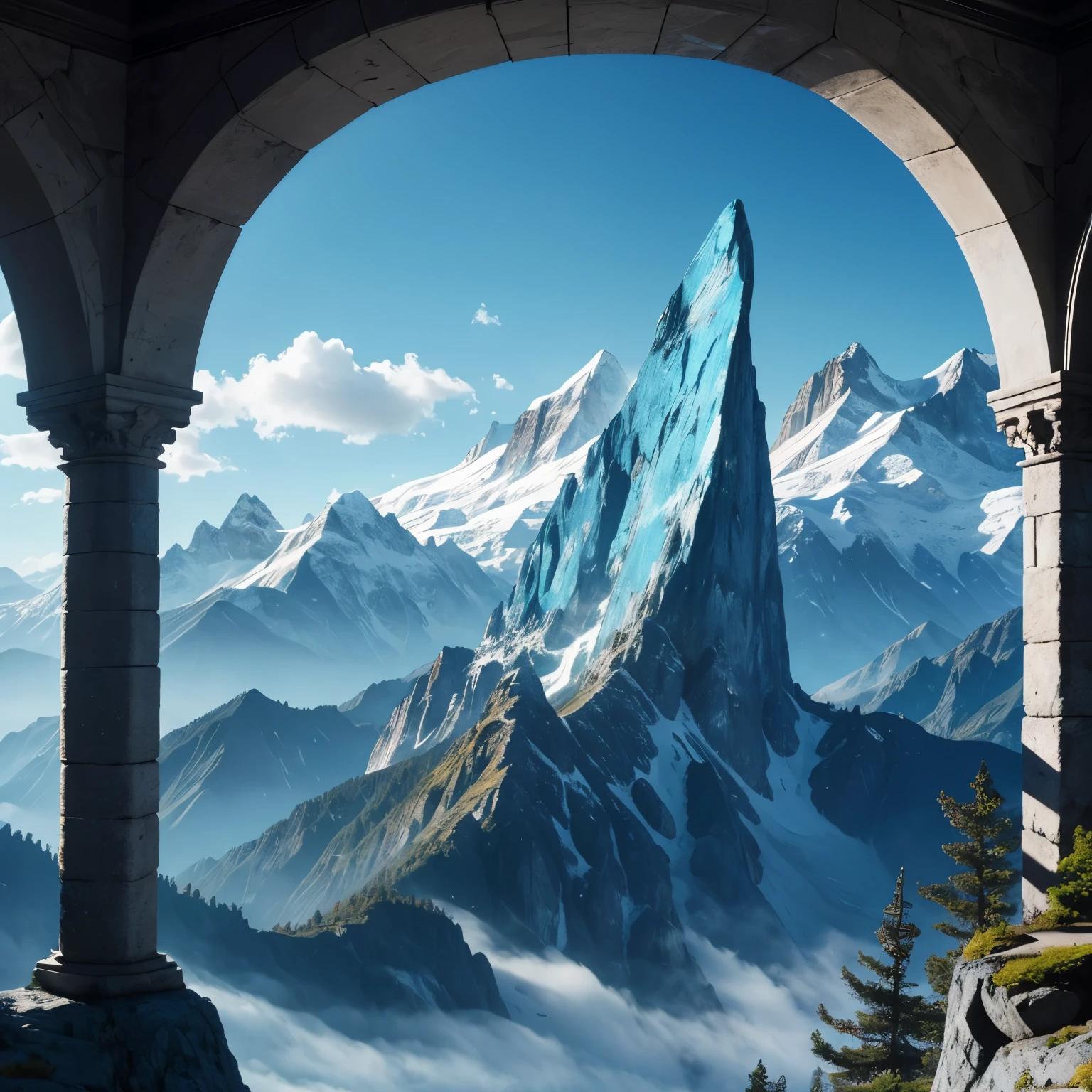 Crea una cordillera, a mystical space surrounded by mountains and stone, en el centro de este espacio se alza una columna de oro con una gema gigante de color azul marino, imagen perfecta
