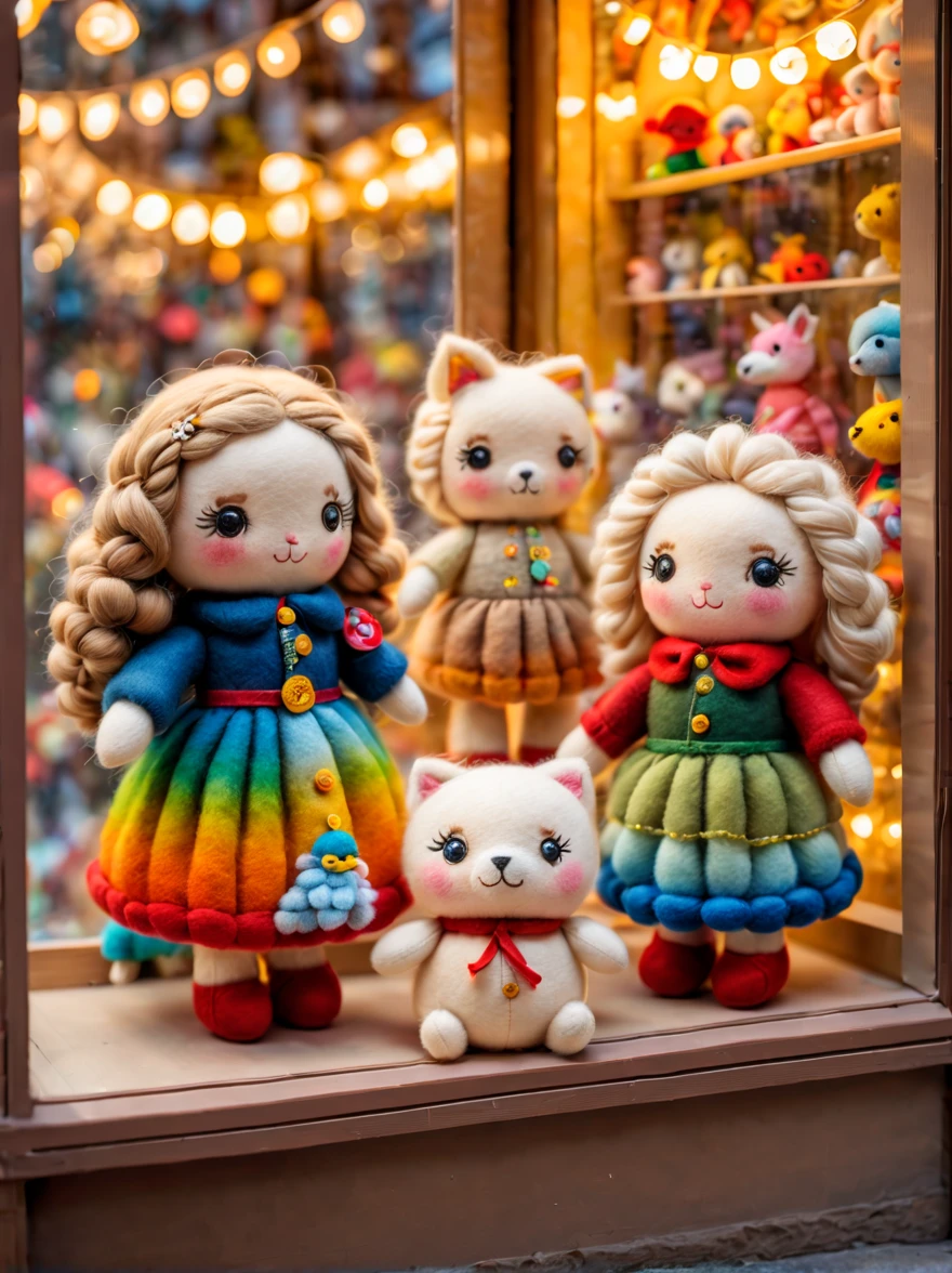 (best quality,8k,high resolution,masterpiece:1.2),Super detailed,wool felt toys,Cute wool felt doll,(Displayed behind a transparent toy store window:1.2),atmosphere, (indoor:1.2),(small toy:1.2),Variations of the same toy,Warm light ultra-detailed painting, Extremely detailed description,major,Bright colors