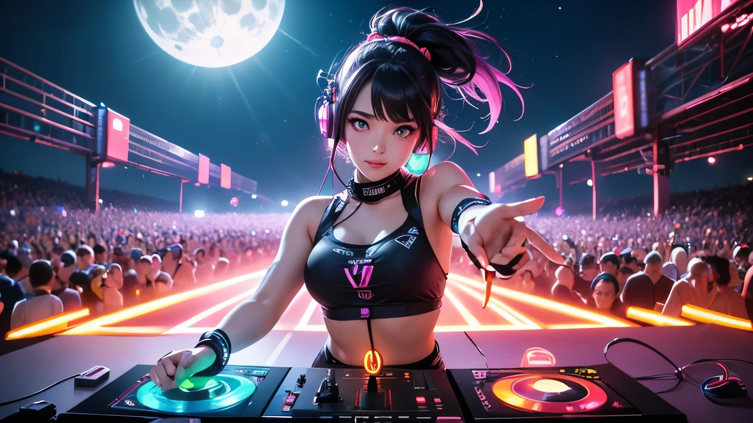 ((best quality)), (high detail), (official art), (1girl), DJ mixing vinyl records, (good vibes), LED headphones, (high energy), music festival), (Artist), music notes in the air, (action pose), vibrating beats, neon amber eyes, full moon dance party, HDR, 4K, 3D