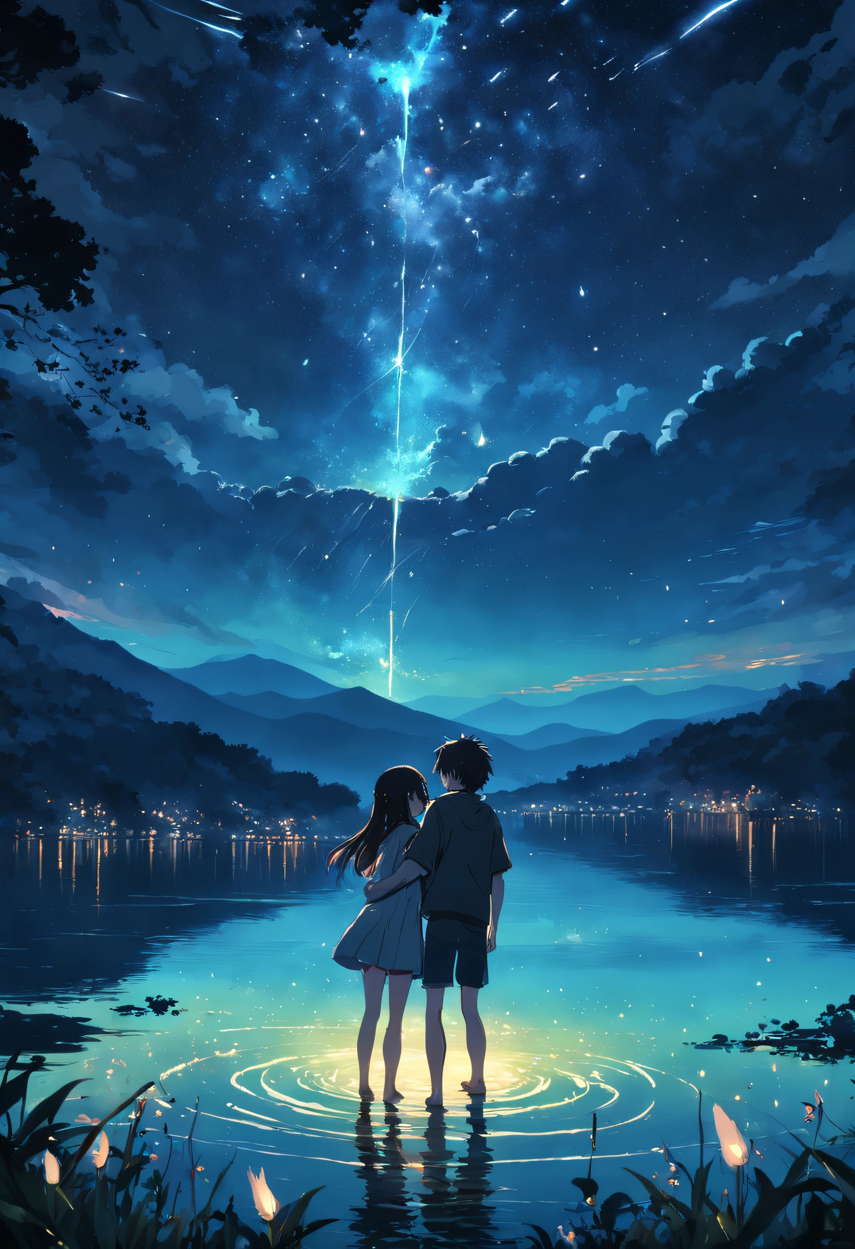 Lake at night with many fireflies、Young man and woman hugging each other、fantastic landscape,Cinematic atmosphere,